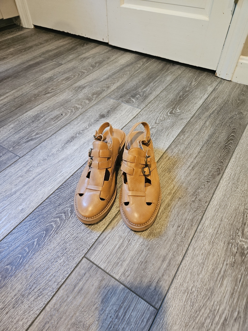 Women’s Tan Leather Slingback Loafers with Buckle Detail